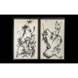 Pair of Japanese Pencil Paintings. Signed B.H. 17 x 10 Inches. Please See Photo.