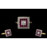 Art Deco Style Attractive and Good Quality Ruby and Diamond Set Ring of Square Form.