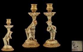 Royal Worcester Fine Pair of Hand Painted Figural Candlesticks, Beautiful Colours - Sort Paste.