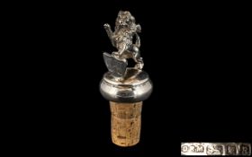 Novelty Silver Wine Stopper with superior cast Lion holding a shield.