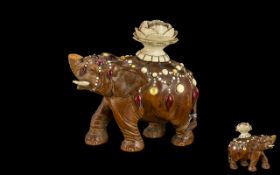 Japanese Shibiyana Antique Carved Wood Elephant finely decorated to the body with coral, opals,