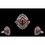 18ct White Gold - Attractive Art Deco Style Ruby and Diamond Set Dress Ring.
