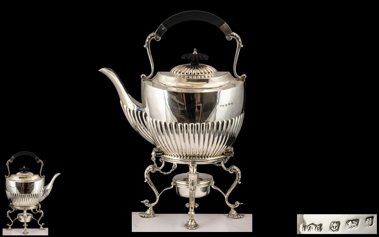 Early George V Superb Quality Sterling Silver Spirit Kettle and Stand / Burner of Pleasing