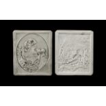 Pair of Antique Porcelain Lithophane German Plaques Depicting a Lady Carrying Flowers and a Lady In