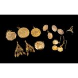 Misc Collection of Gold Plated Items, Engraved Lockets, 2 Pairs of Earrings,