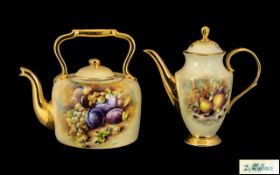 Royal Worcester Style Large Teapot, with transfer print still life decoration and gilt trim.