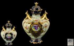 Rudolstadt - 19th Century Straus and Son Superb Quality Twin Handle Hand Painted Lidded Small Vase.