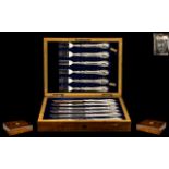 Victorian Period Superb Silver Plated ( 12 ) Piece Fruit Set In a Walnut Lidded Box,