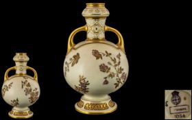 Royal Worcester Persian Style Hand Painted Ivory Ground Twin Handle Bulbous Shaped Ornate Vase.