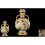 Royal Worcester Persian Style Hand Painted Ivory Ground Twin Handle Bulbous Shaped Ornate Vase.