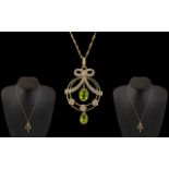 Edwardian Period Ladies 9ct Gold Attractive Diamond and Peridot Set Pendant,