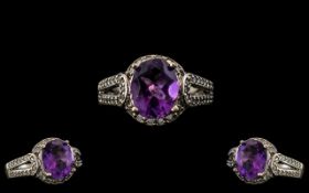 Ladies - Attractive 9ct White Gold Amethyst and Diamond Set Dress Ring.