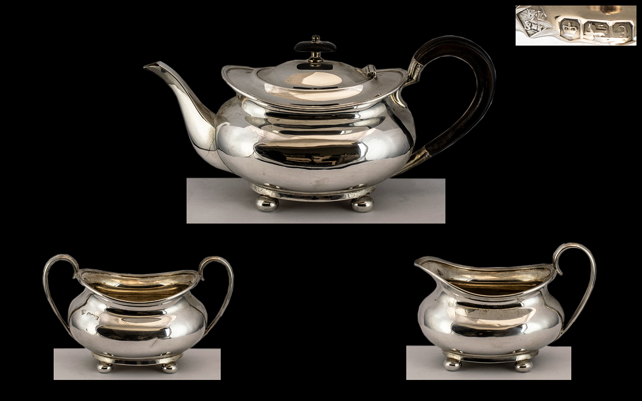 George V - Gentleman's Bachelors 3 Piece Sterling Silver Tea Service of Excellent Proportions /