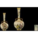 Royal Worcester Hand Painted Twin Handle Long Necked Globular Shaped Vase. c.1876 - 1891.
