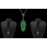 Art Deco Pendant Set with Green Stone. All Set In White Metal, Wonderful Design, Drop Measures 2.