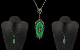Art Deco Pendant Set with Green Stone. All Set In White Metal, Wonderful Design, Drop Measures 2.
