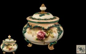 Hadleys Worcester Hand Painted Lidded Footed Vase ' Roses ' Stillife. c.1880's. Height 4.