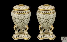 Royal Worcester Grainger Fine Quality Pair of Pierced Reticulated Lidded Urn Shaped Triad Vases,