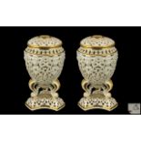 Royal Worcester Grainger Fine Quality Pair of Pierced Reticulated Lidded Urn Shaped Triad Vases,