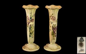 Royal Worcester Pair of Hand Painted Blush Ivory Specimen Bud Vases,