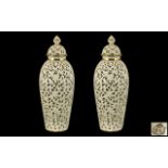 Royal Worcester Grainger Fine Quality Pair of Pierced Reticulated Cream Coloured Lidded Vases. c.