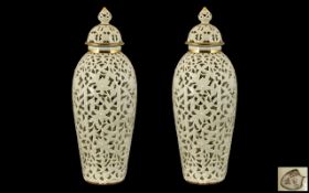 Royal Worcester Grainger Fine Quality Pair of Pierced Reticulated Cream Coloured Lidded Vases. c.