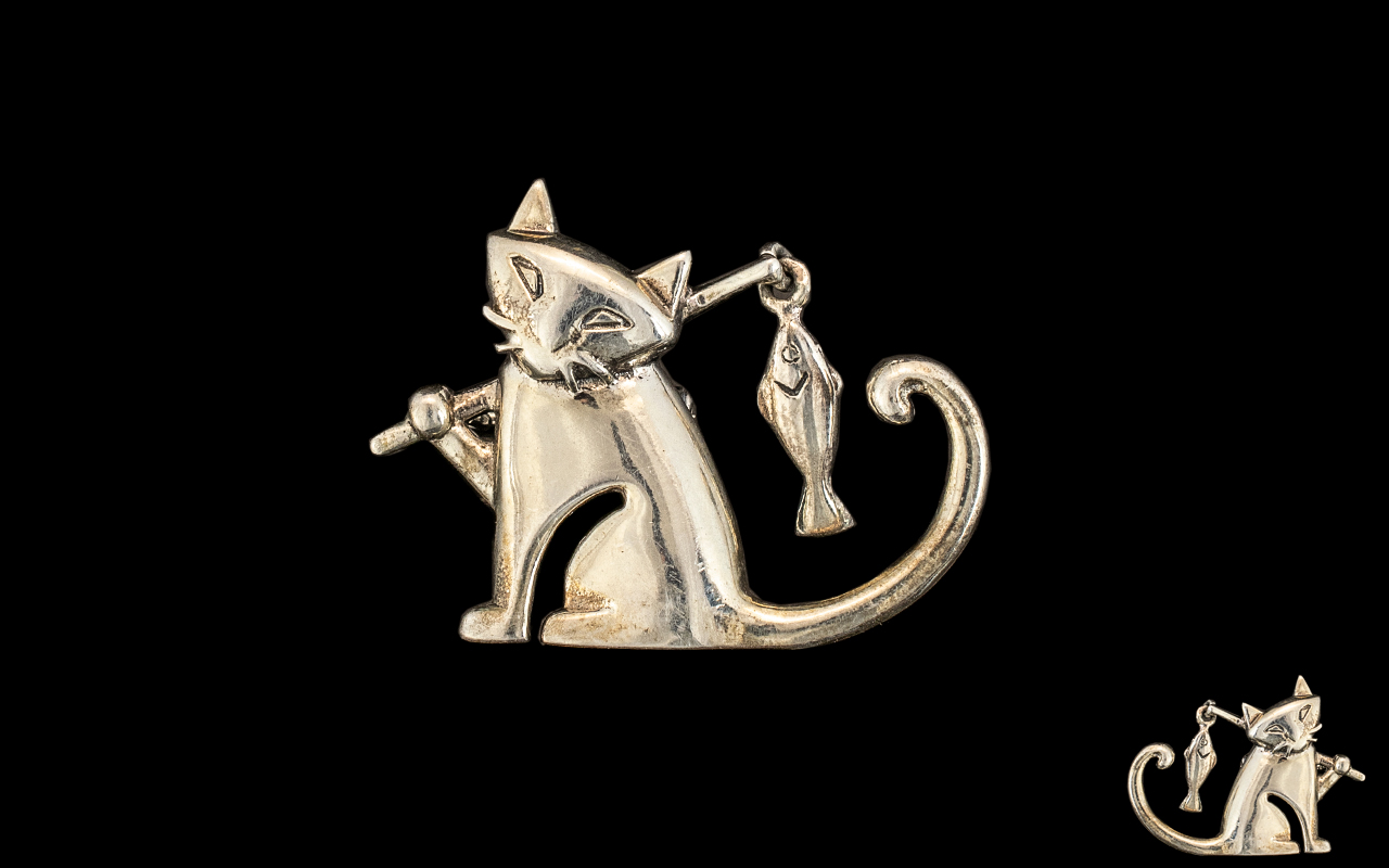 Novelty Art Deco Cat Brooch, Wonderful Deco Design with Cat with Fishing Rod with Fish on the End.