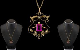 Victorian Period - Excellent Quality Tourmaline and Seed Pearl Set Open worked Pendant,