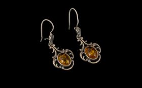 Art Nouveau Amber Set Silver Drop Earrings of Lovely Design and Art Nouveau Style. Each Drop 3.