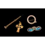 Misc Lot of a Gold Plated Cross, Enamel and Silver Garter Collar Brooch, Gold Metal Tooth Pick,