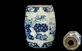 Chinese Blue and White Decorated Garden Stool of Hexagonal Shape, Depicting Flowers and Birds,