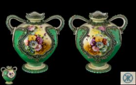 Noritake Superb True Pair of Late 19th Century Hand Painted Porcelain Twin Handle Vases. c.1900.