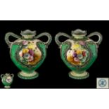 Noritake Superb True Pair of Late 19th Century Hand Painted Porcelain Twin Handle Vases. c.1900.