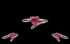 Ladies Silver & CZ Diamond Ring. 1ct CZ In a Heart Shaped Pink Colour, Nice Fashion Ring. Hallmarked