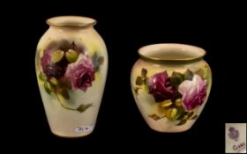 Royal Worcester Hand Painted Pair of Roses Small Vases ( 2 ) Comprises 1/ ' Roses ' Stillife.