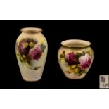 Royal Worcester Hand Painted Pair of Roses Small Vases ( 2 ) Comprises 1/ ' Roses ' Stillife.