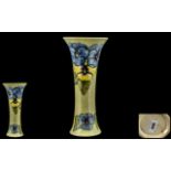 Walter Moorcroft Tube lined Tall Trumpet Shaped Vase ' Blue and Yellow Pansy ' Design on Pale