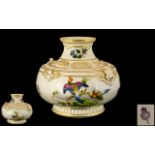 Royal Worcester Hand Painted and Signed Decorative Vase ' Exotic Birds ' In Woodland Setting on