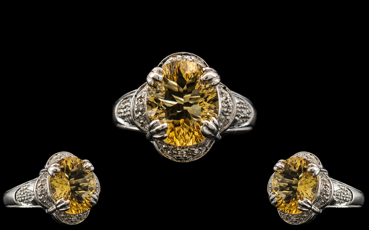 Ladies - 9ct White Gold Attractive Citrine and Diamond Set Dress Ring with Full Hallmark for 9.375.