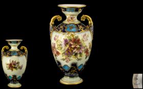Rudolstadt Straus and Son Superb Quality Hand Painted Twin Handle Vase. c.1900.