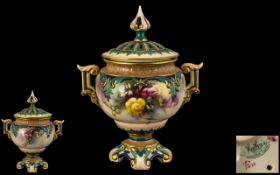 Hadleys Worcester Hand Painted Twin Handle Lidded Pot-Pouri ' Roses ' Stillife. c.1880's.