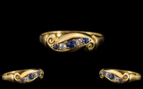 Antique Period - Attractive 18ct Gold Sapphire and Diamond Set Ring - Marked 9ct to Interior of