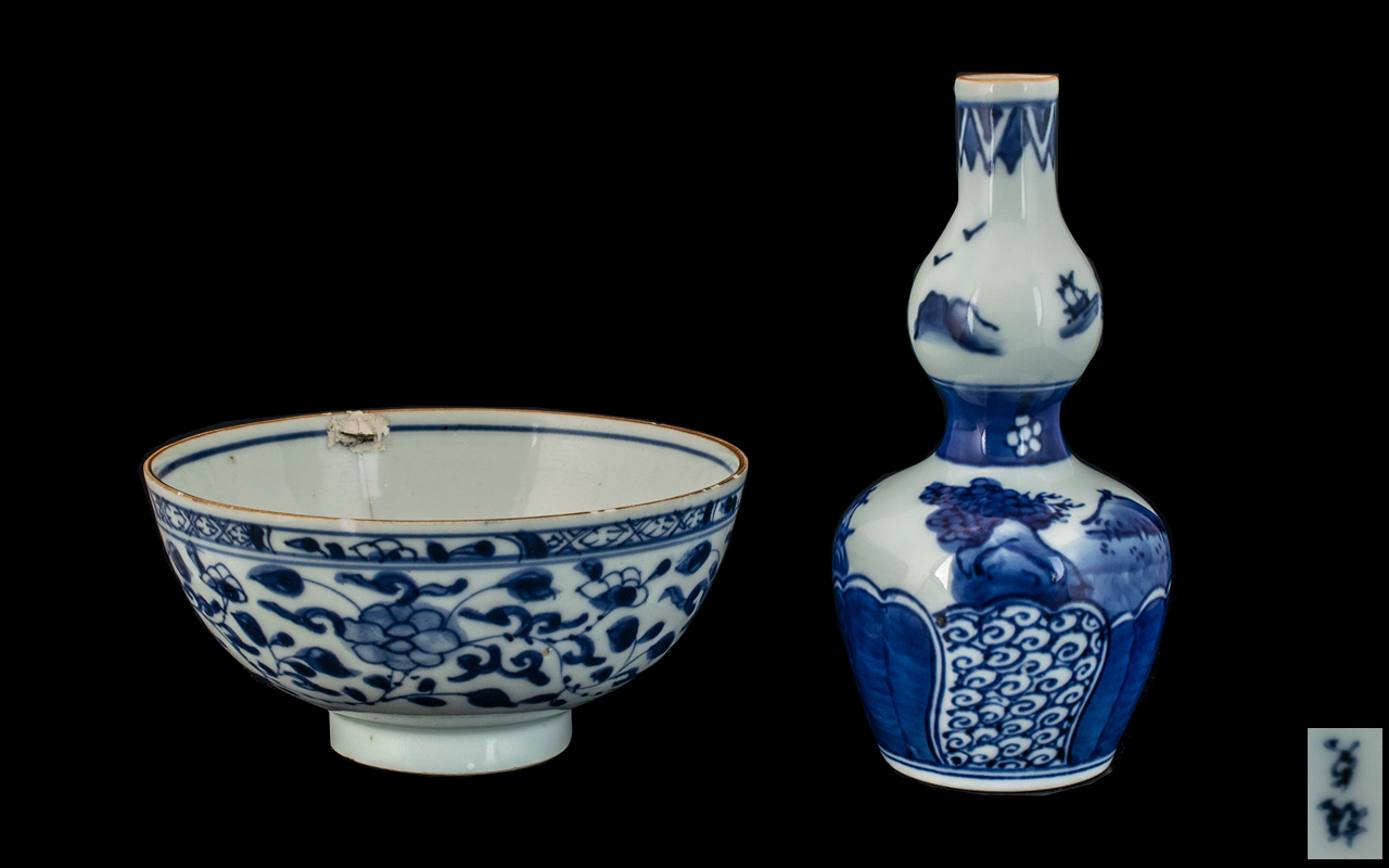 Blue & White Chinese Antique Decorated Bowl with a floral pattern painted to the body. 6" diameter.