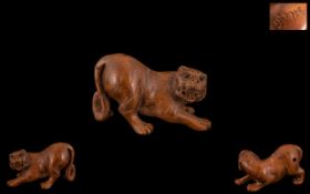 Modern Netsuke In Boxwood In the Form of Tiger / Cougar.