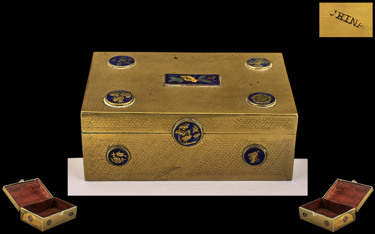 Chinese Brass Cigarette Box with Roundel's Fitted to the Lid with Various Chinese Symbols. c.