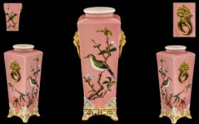 Royal Worcester - Superb Quality and Early Hand Painted Tapered 4 Sided Bird Vase with Gold Painted