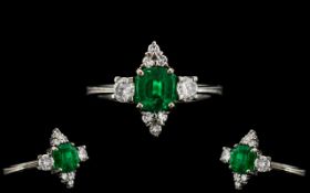 Art Deco Period 18ct White Gold - Attractive Emerald and Diamond Set Dress Ring.