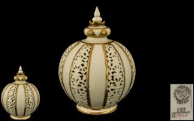 Royal China Works Worcester Persian Style Globular Shaped Reticulated Lidded Vase with Painted Gold