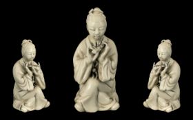 Chinese Blanc - De - Chine Figure of Person Playing the Flute, Antique Porcelain Figure, Very Fine