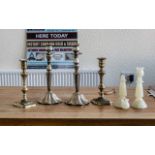 A Collection of Three Pairs of Candlesticks to include brass and alibaster.